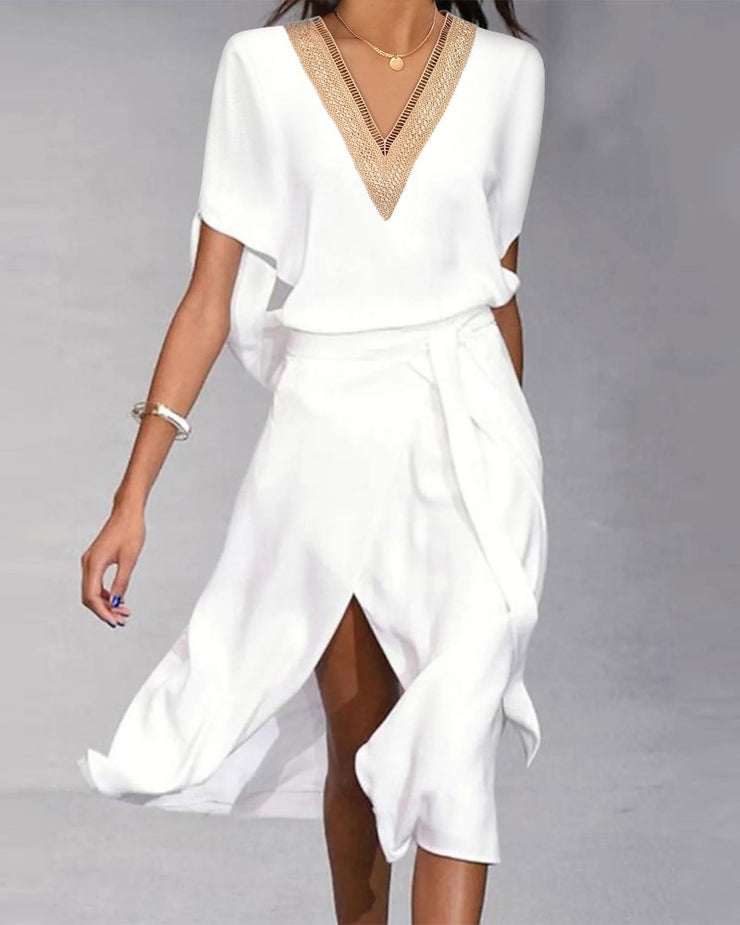 FallStil® - Chevron V-neck White Draped Midi Dress with High Slit