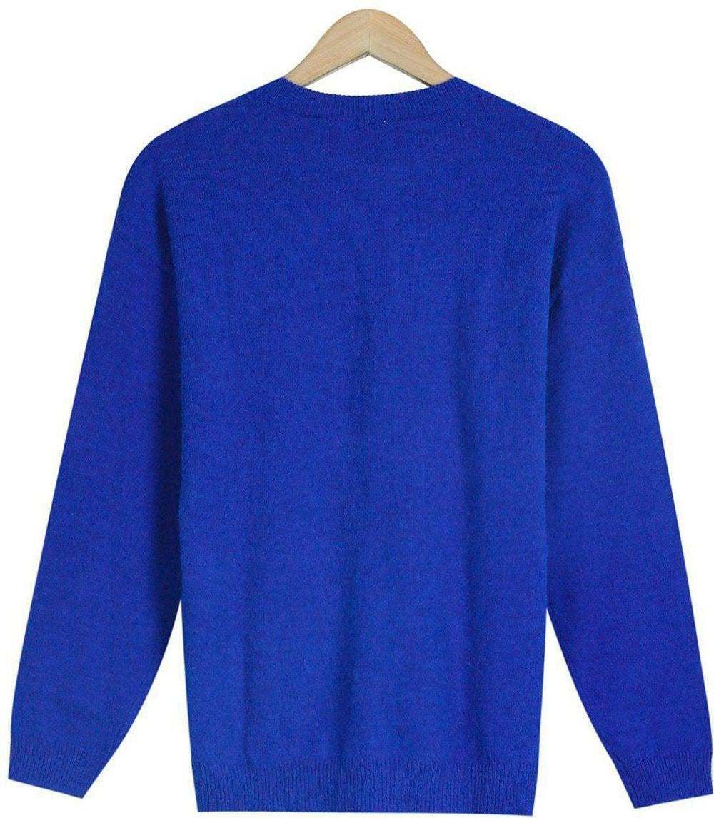 Monci® - Casual Blue Solid Color Round Neck Long Sleeve Sweater