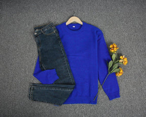 Monci® - Casual Blue Solid Color Round Neck Long Sleeve Sweater