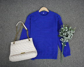 Monci® - Casual Blue Solid Color Round Neck Long Sleeve Sweater