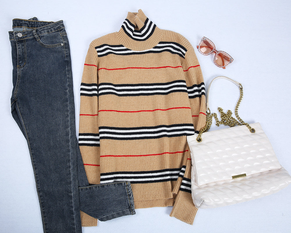 Lovja® - Neutral red and black striped checked sweater