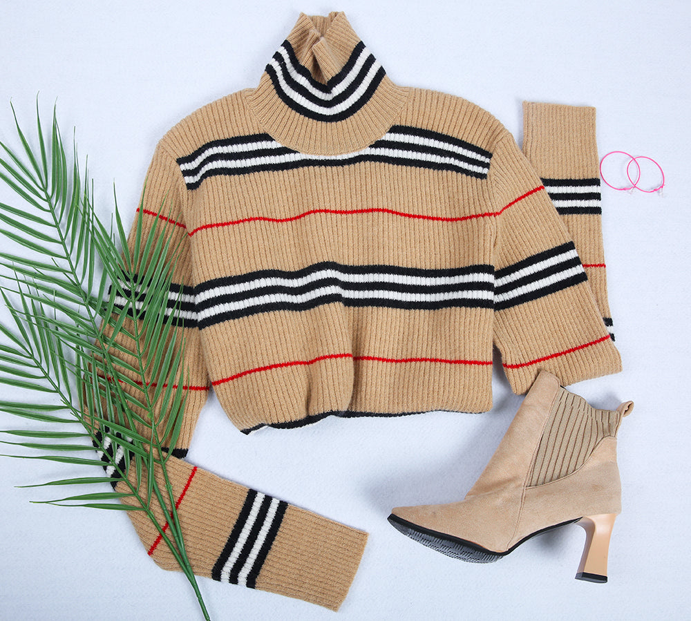 Lovja® - Neutral red and black striped checked sweater