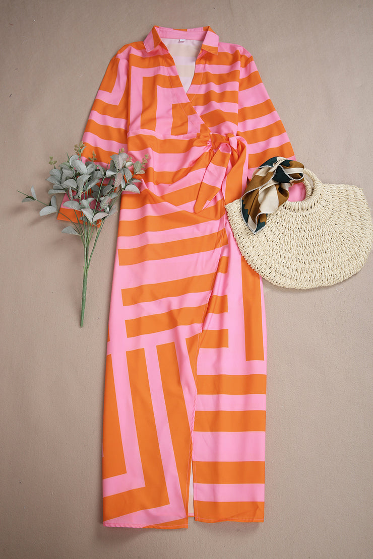 FallStil® - Cremesicle Stripe Wrapped Tie Waist Midi Dress