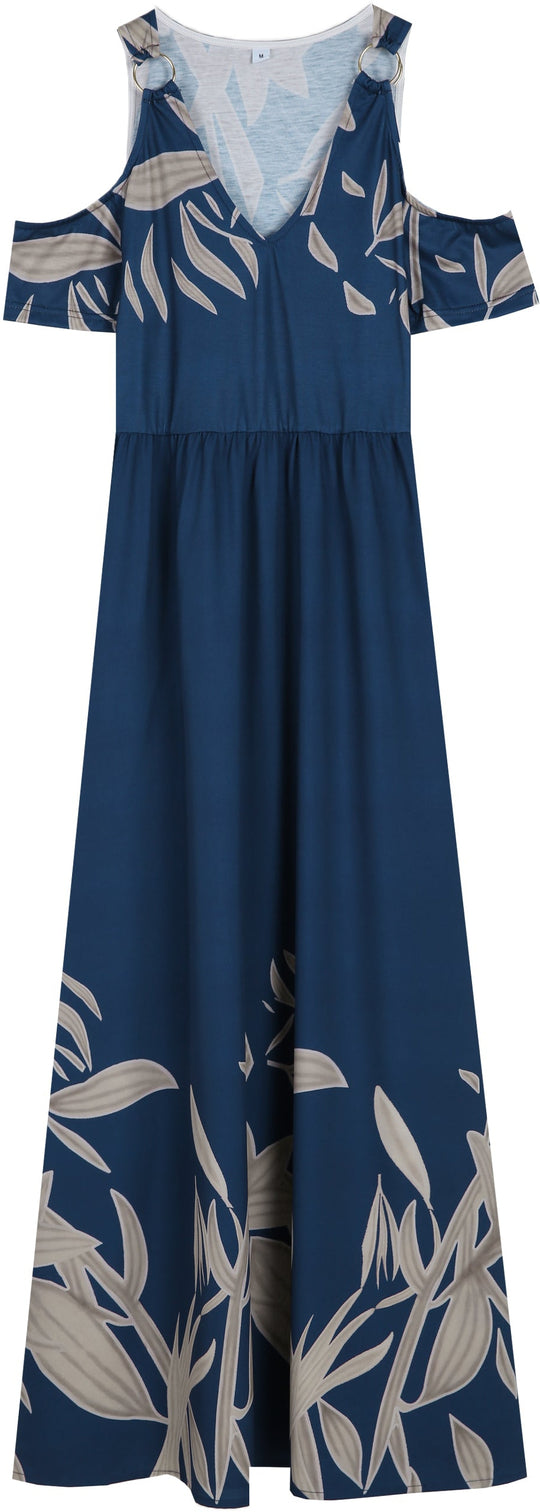 SpringStil® - Cobalt blue summer maxi dress with pleated V-neck and cold shoulders