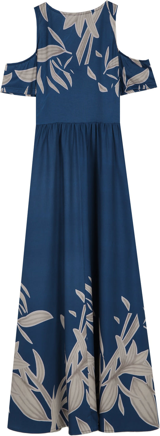 Purewear®- Cobalt blue summer maxi dress with pleated V-neck and cold shoulders