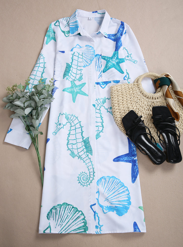 EcoExotica® - Starfish Shell Blue White Blouse Dress