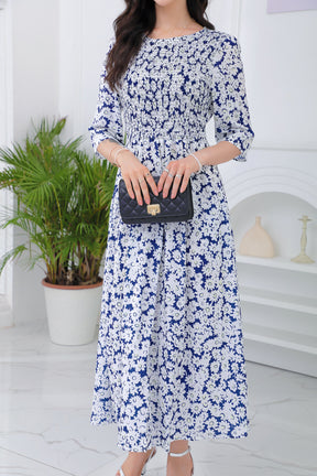 Springstil® - Navy blue midi dress with daisy print and side pockets