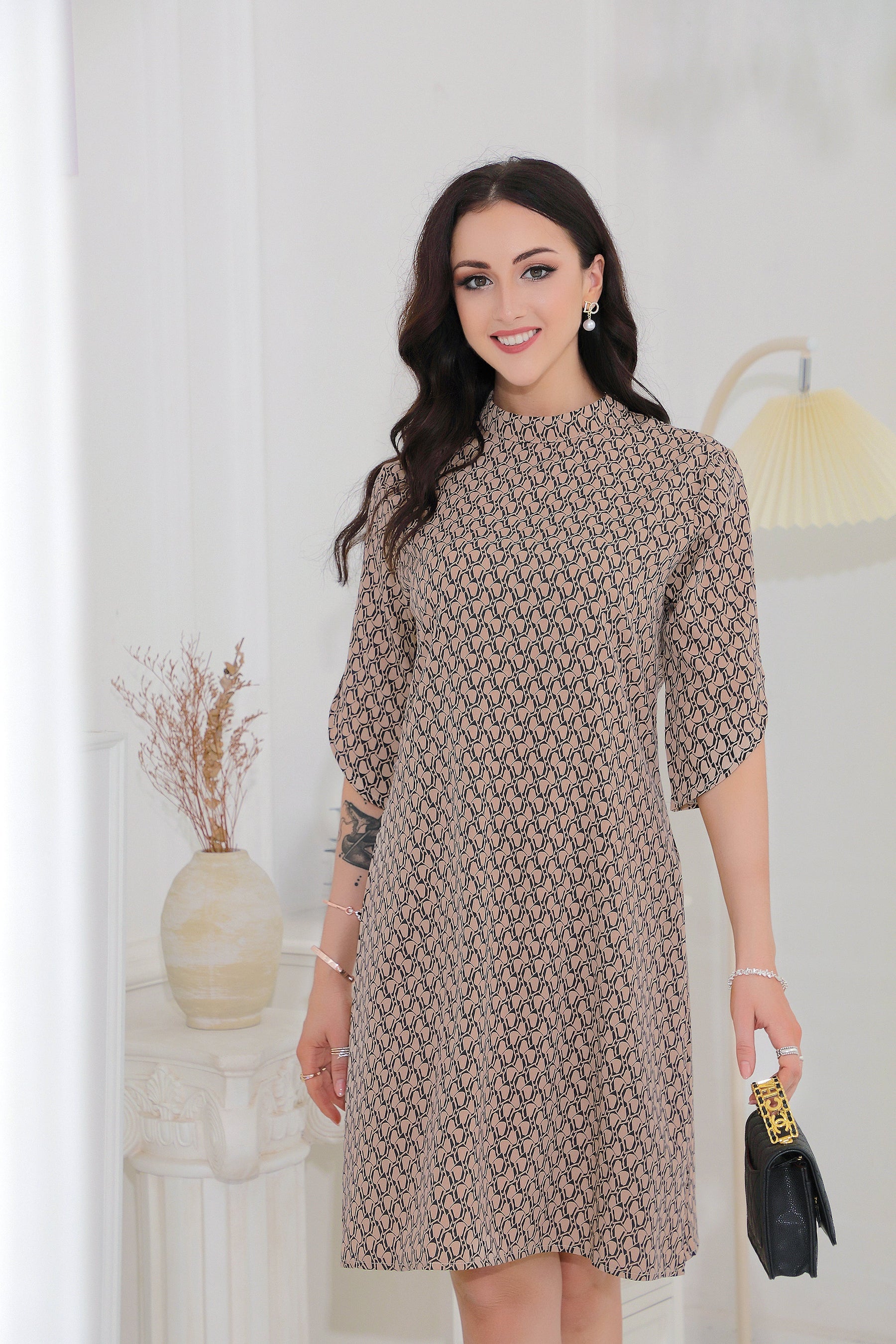 Naturlux® - Brown mini dress with all-over print