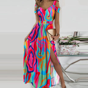 SpringStil® - Colorful Swirl Cold Shoulder Dress with High Slit Maxi Dress