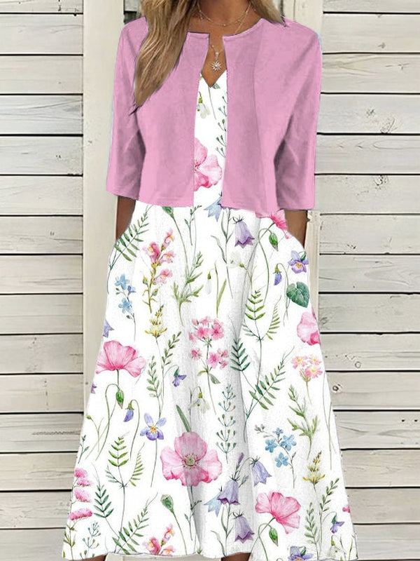 BlütenBliss® - Twofer white midi dress with floral pattern in pink