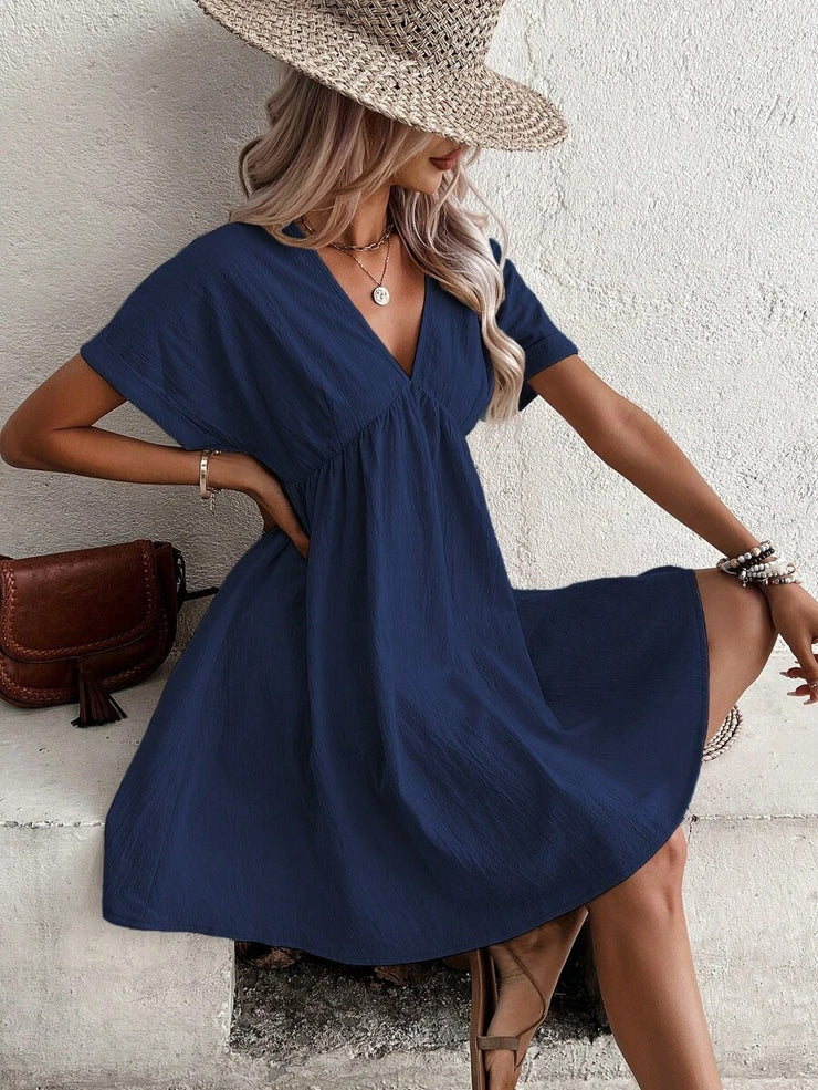 EcoExotica® - Navy blue solid color short sleeve mini dress