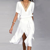 FallStil® - Chevron V-neck White Draped Midi Dress with High Slit