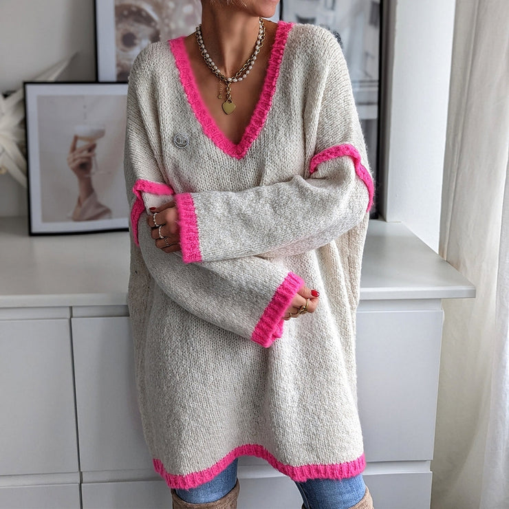 FallStil® - Pink V-neck sweater with baggy trim