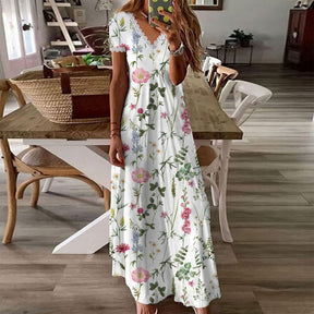 SpringStil® - Garden Print V-neck White Maxi Summer Dress