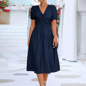 SpringStil® - Navy blue solid midi dress with short sleeves