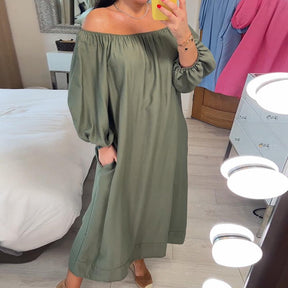 BlütenBliss® - Baggy Green Plain Off Shoulder Maxi Dress