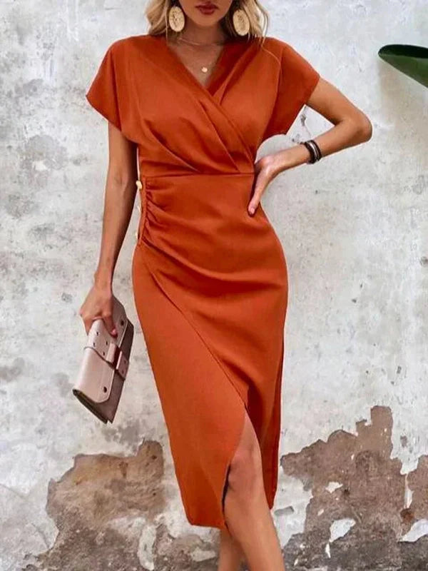 EcoExotica® - Orange solid V-neck midi dress