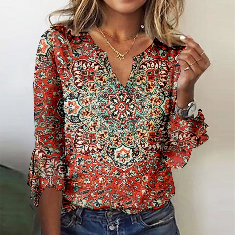 EcoExotica® - Mandala Autumn Red ¾ Sleeve Top