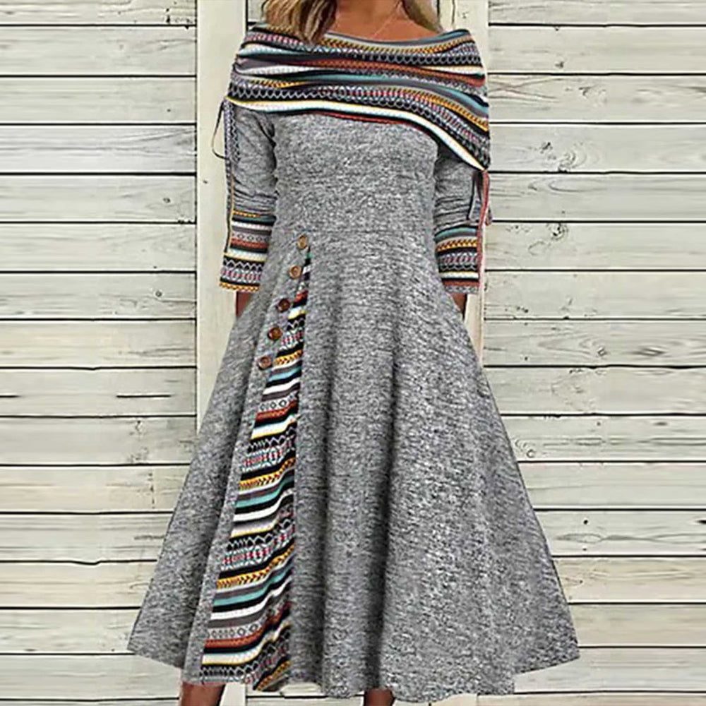 FallStil® - Grey round neck midi dress with Guatemalan pattern