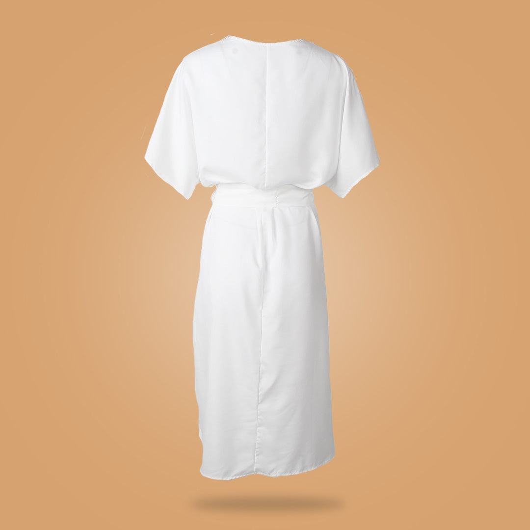 SpringStil® - Modern white midi dress with V-neck