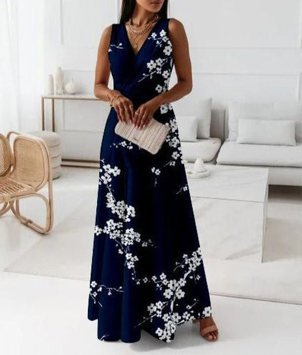 FallStil® - Navy blue floral print sleeveless maxi dress