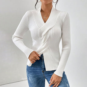 HerbstTrend® - White plain sweater with V-neck and long sleeves