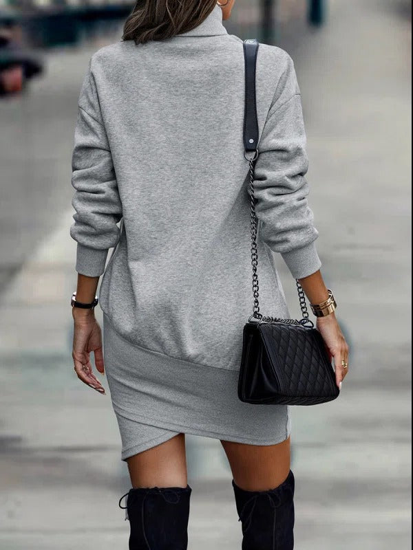 Even&amp;Vil® - Grey asymmetric long sleeve mini dress with high neckline