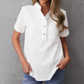 FallStil® - Plain white short sleeve top with button placket