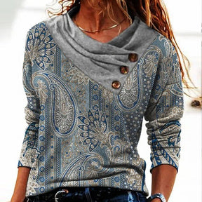 FallStil® - Blue paisley top with grey turn-down collar and long sleeves