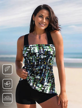 CabanaCouture® - Green White Geo Print Shorts Top Swimsuit Tankini