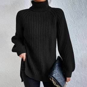 BlütenBliss® - Black long-sleeved turtleneck sweater with ribbed surface