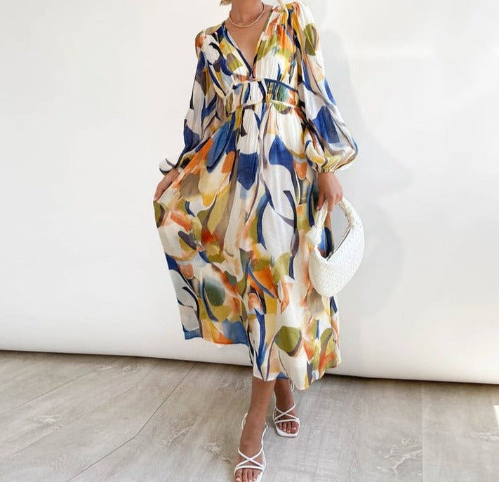 Naturlux® - Long-sleeved midi dress with colorful abstract print