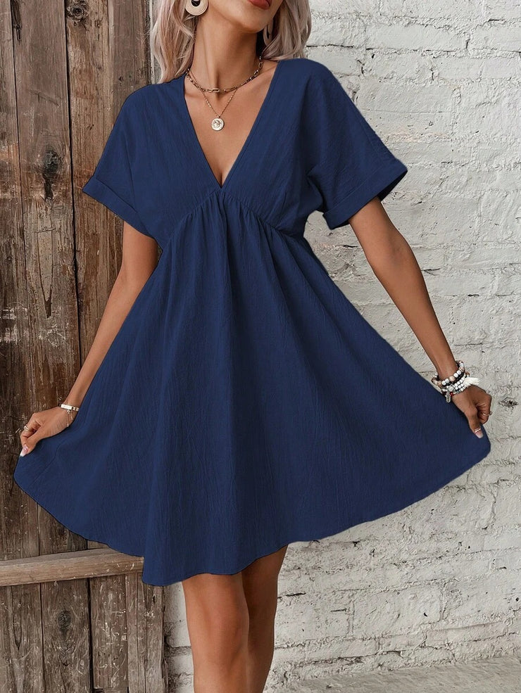 EcoExotica® - Navy blue solid color short sleeve mini dress