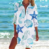 EcoExotica® - Starfish Shell Blue White Blouse Dress