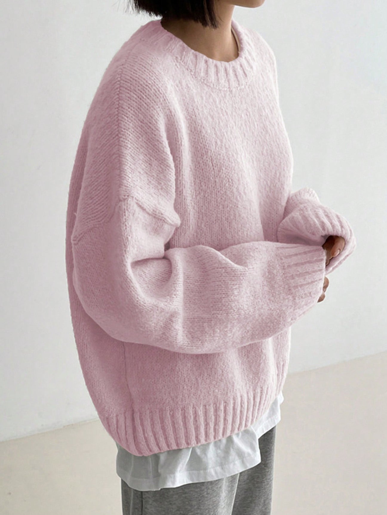 WinterTrend® - Pink plain sweater with long sleeves and round neck