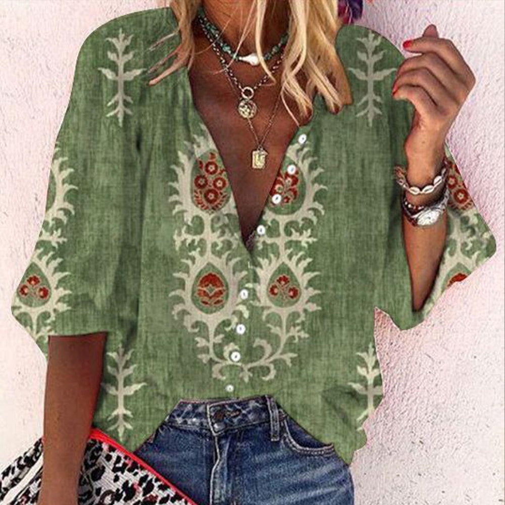 SpringStil® - Green boho blouse with deep V-neck