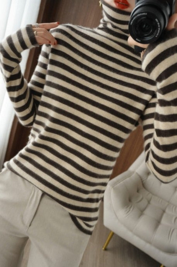 PureWear® - Neutral and Coffee Horizontal Striped Turtleneck Sweater