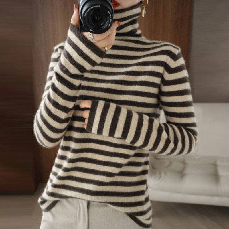 PureWear® - Neutral and Coffee Horizontal Striped Turtleneck Sweater