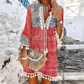 BlütenBliss® - Bohemian Tassel Drawstring Autumn Red Mini Dress