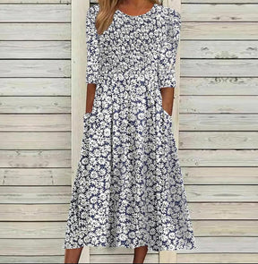 Springstil® - Navy blue midi dress with daisy print and side pockets