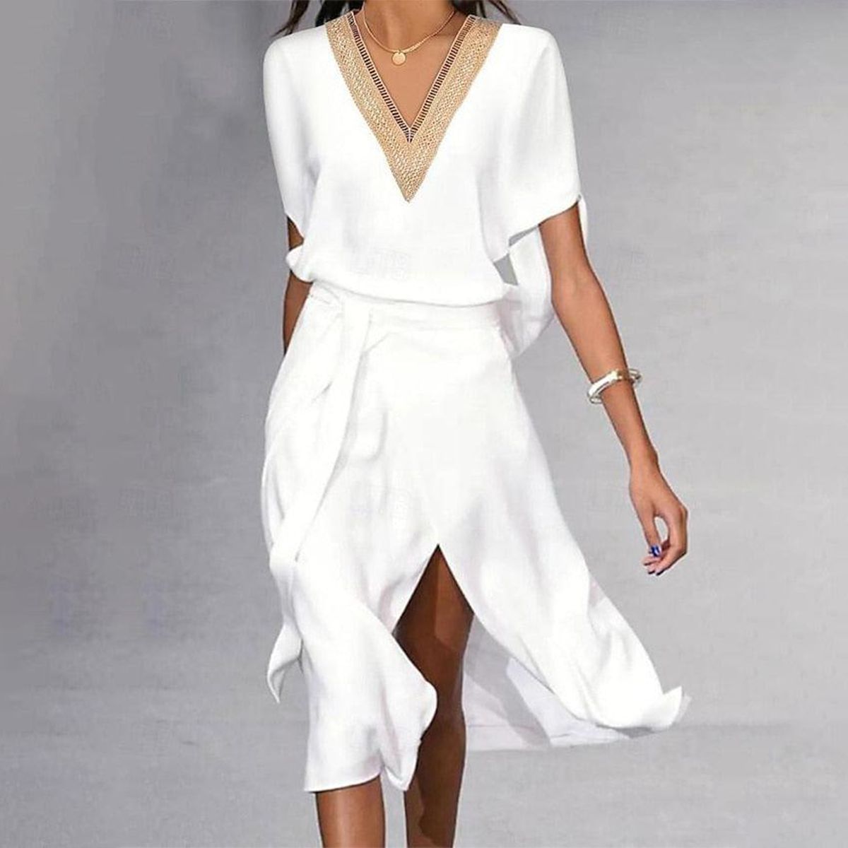 SpringStil® - Modern white midi dress with V-neck