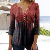 Naturlux® - Ombre red-blue pleated top with ¾ sleeves and button placket