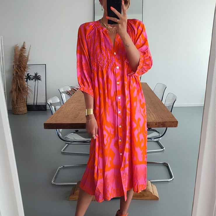 PureWear® - Pink and orange midi dress with gathered button placket