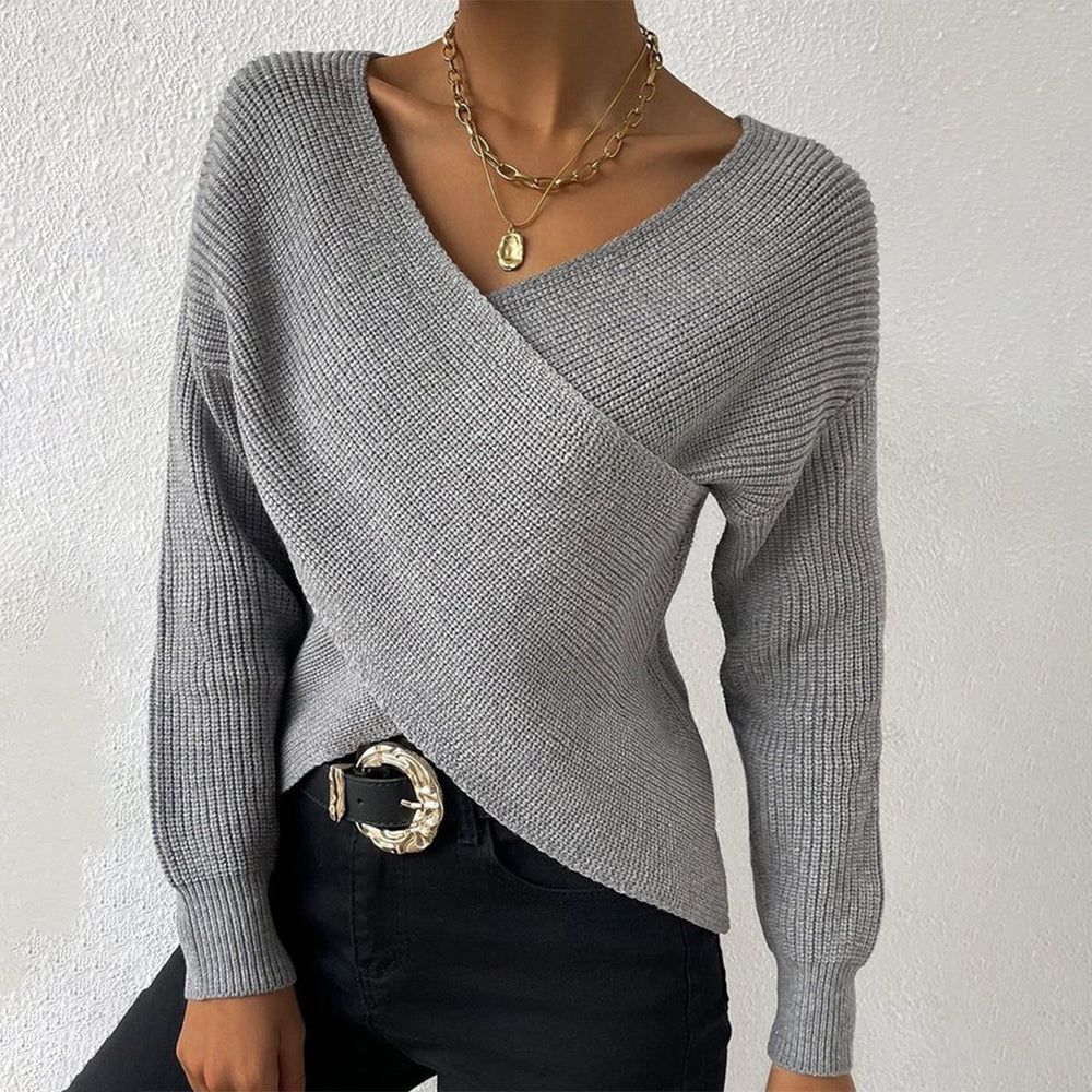 BlütenBliss® - Grey knitted sweater with V-neck and long sleeves