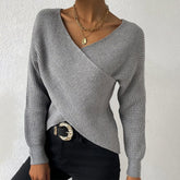 BlütenBliss® - Grey knitted sweater with V-neck and long sleeves