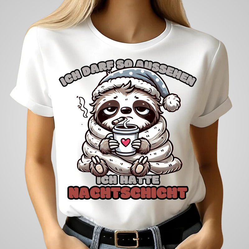 Faultier Nachtschicht | Lustiges Wintershirt | Humorvolles Design für kalte Tage | Statement Shirt | Damen T-Shirt