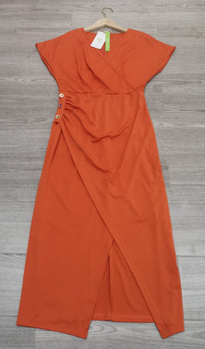 FallStil® - Orange solid V-neck midi dress