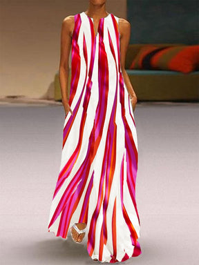 EcoExotica® - Stylish rose red striped sleeveless maxi dress 