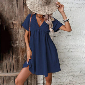 EcoExotica® - Navy blue solid color short sleeve mini dress