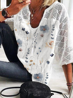 SpringStil® - Geo Lace Mesh Floral Print White ¾ Sleeve Top